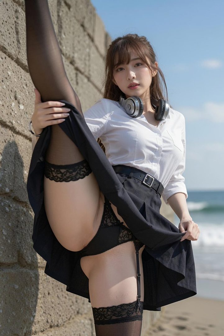 A woman in a white shirt, black skirt, and black stockings poses suggestively on a beach with one leg raised high.