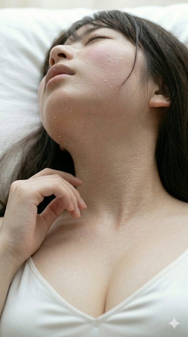 A close-up portrait of a woman with dark hair, eyes closed, and sweat visible on her face and neck, wearing a white camisole.