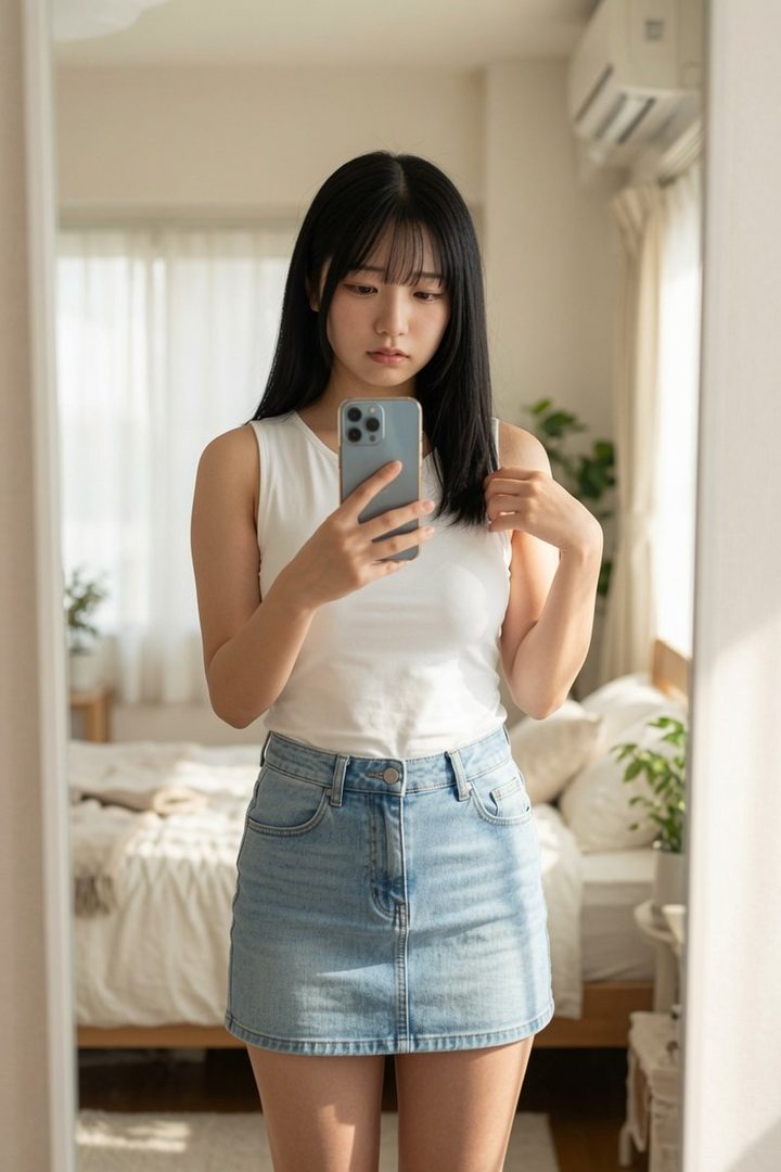 A young woman with long black hair and bangs takes a mirror selfie in a white sleeveless top and a denim mini skirt in a bright room.