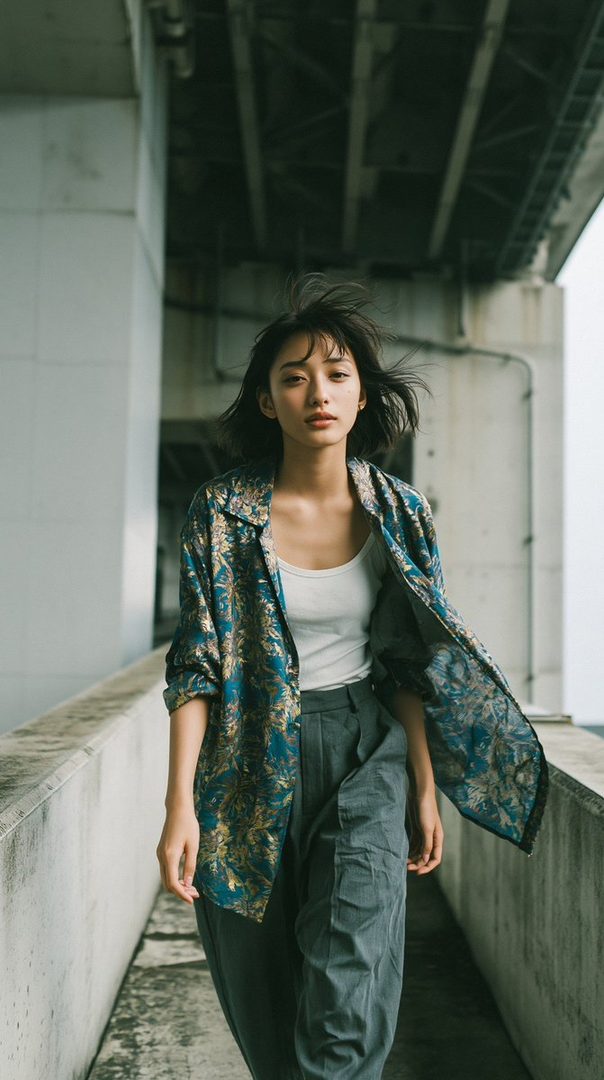 A young woman with short black hair and bangs, wearing a patterned blue and gold open shirt over a white tank top and grey pants, walks outdoors under an overpass.
