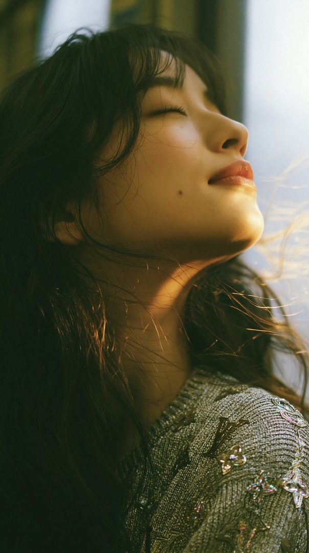 A close-up portrait of a woman with her eyes closed, face tilted upwards, bathed in warm sunlight.