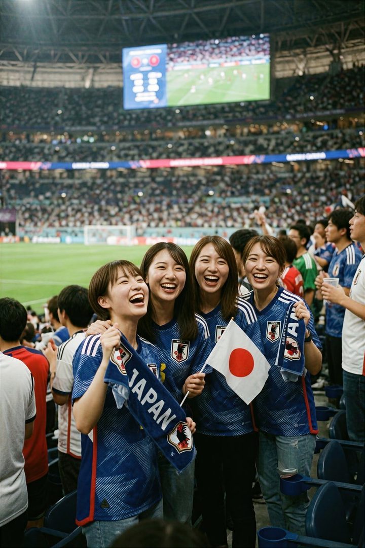 Four young women in blue Japan soccer jerseys cheer excitedly at a World Cup match in a stadium at night.