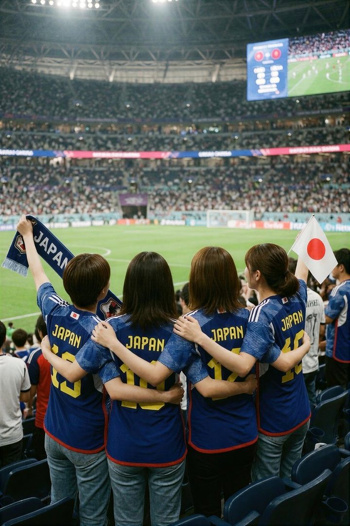 Four friends wearing Japan soccer jerseys watch a World Cup match from the stands, holding a Japan scarf and flag.
