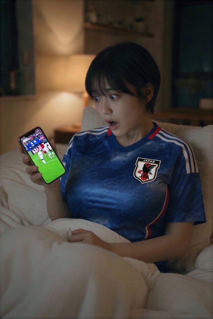 A young woman with short black hair, wearing a blue Japan soccer jersey, looks surprised while watching a soccer game on her phone in a dimly lit room.