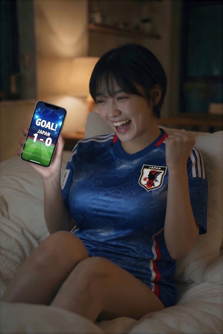 A young woman in a Japan soccer jersey celebrates a goal while looking at her phone in a dimly lit room.