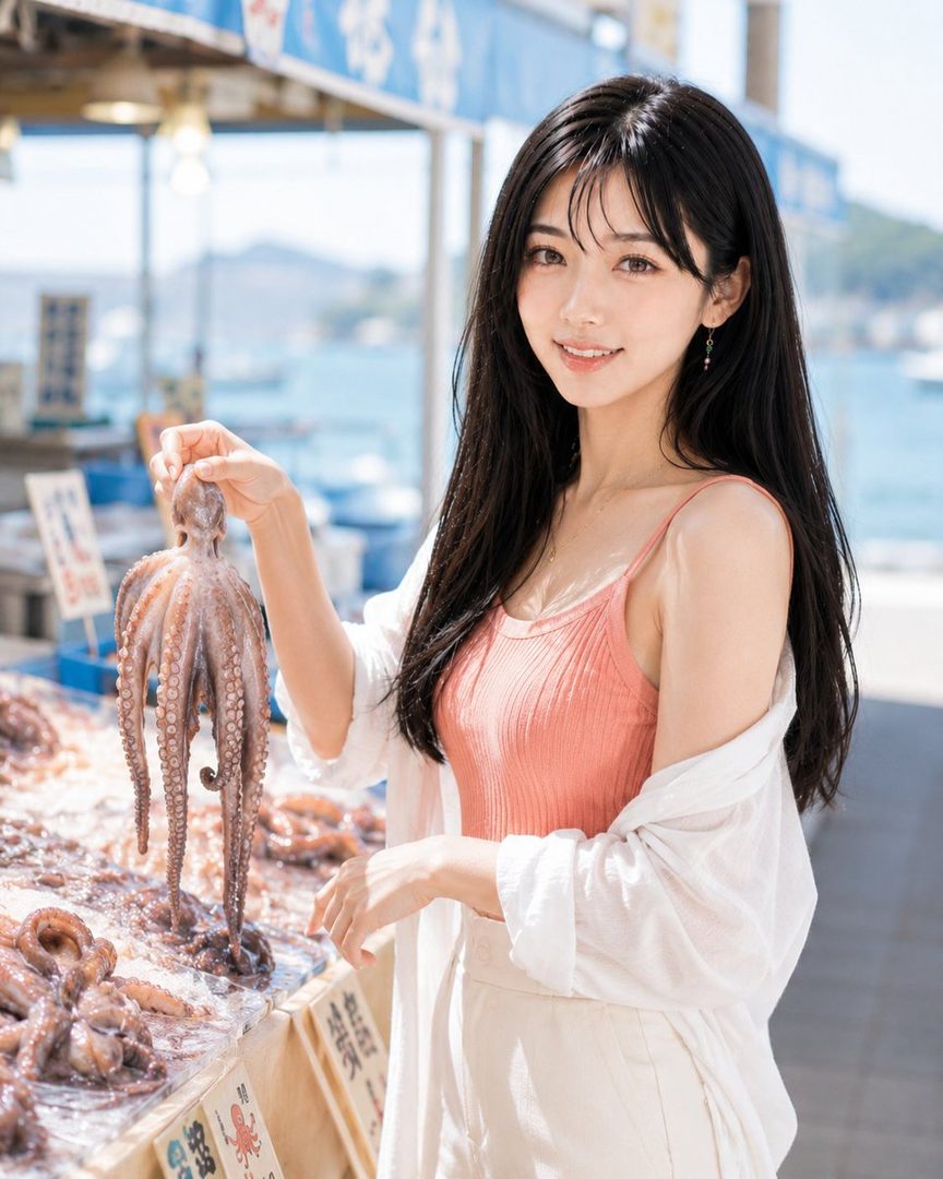 A young woman with long black hair and bangs smiles while holding an octopus at an outdoor market on a sunny day.