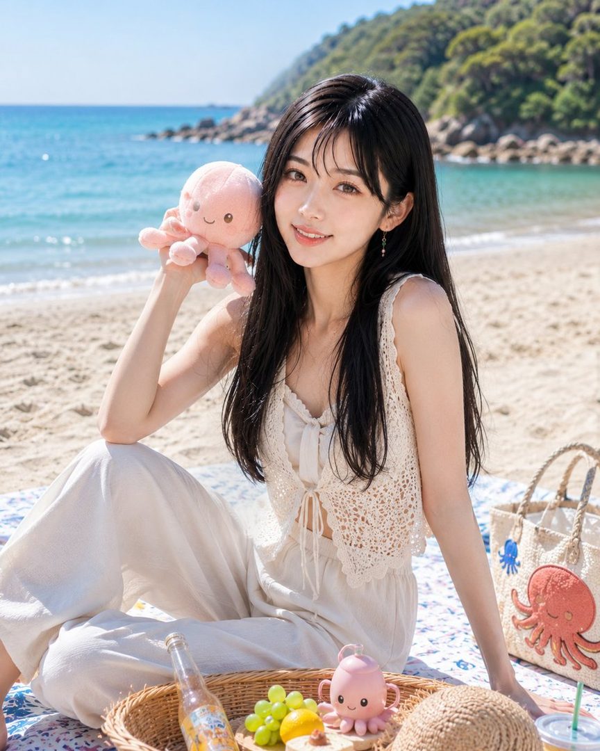 A young woman with long black hair and bangs sits on a beach blanket, holding a pink octopus plushie, with the ocean and green hills in the background.