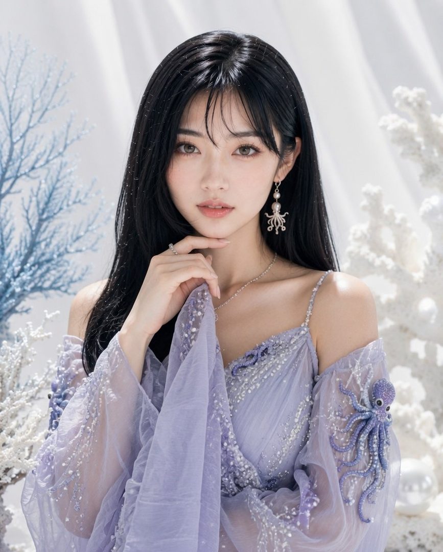 A beautiful woman with long black hair and bangs wears a light purple dress with octopus embellishments, posing in a studio with white and blue coral-like decorations.