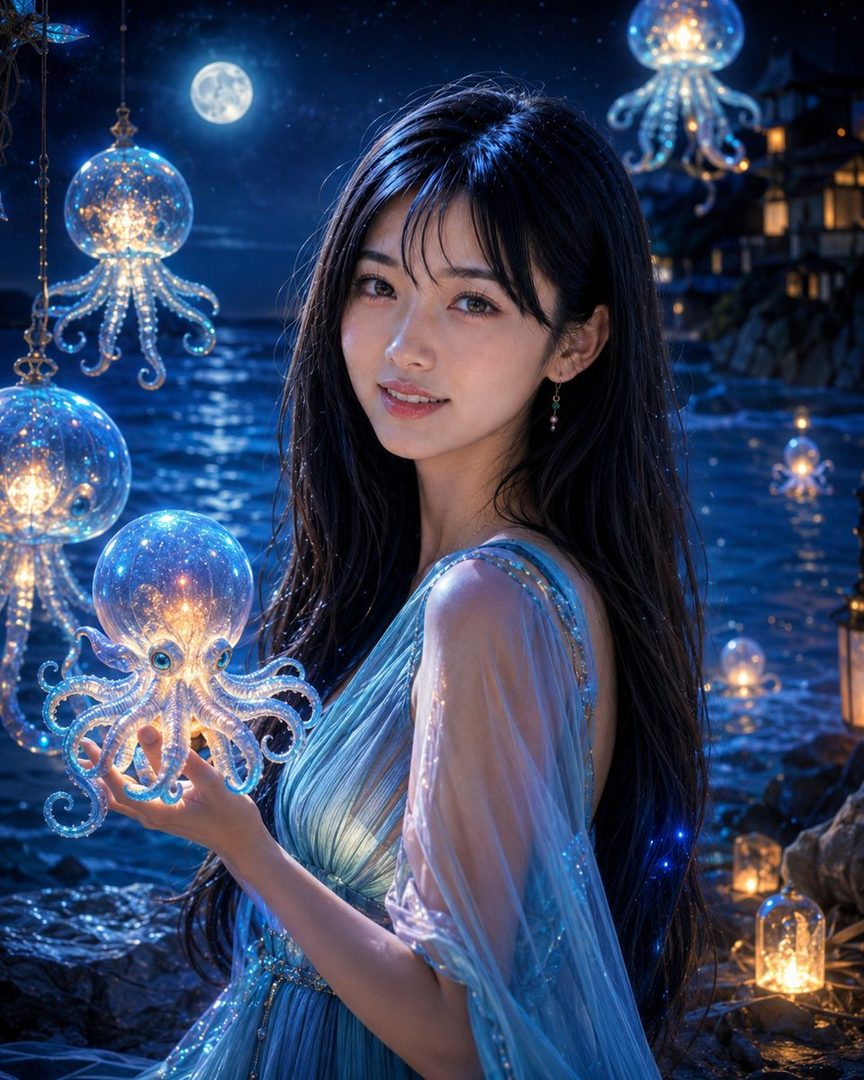 A beautiful woman with long black hair in a blue dress holds a glowing octopus ornament by the sea at night under a full moon.