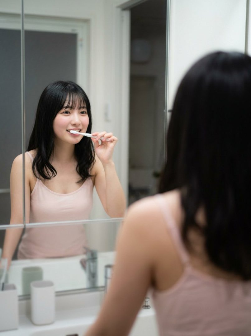 A young woman with black hair and bangs brushes her teeth in front of a bathroom mirror, wearing a light pink camisole.