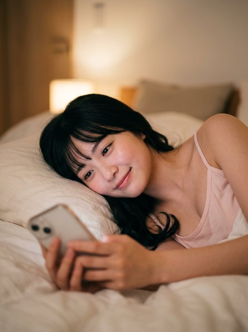 A young woman with black hair and bangs lies in bed, smiling softly while looking at her phone in a dimly lit room.