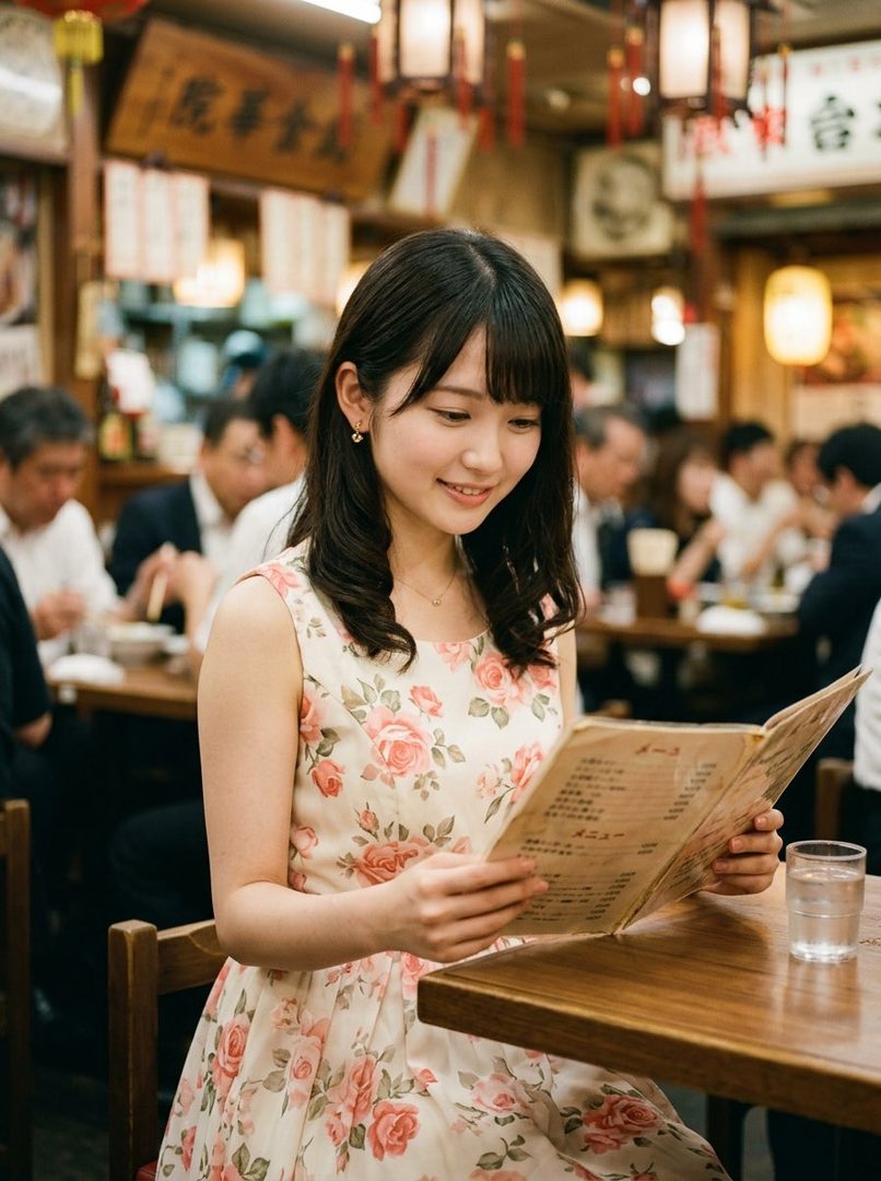 A young woman with black hair and bangs, wearing a floral dress, smiles while looking at a menu in a bustling Japanese restaurant.