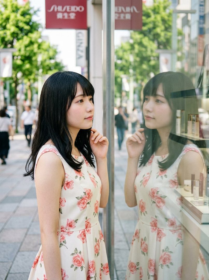 A young woman with long black hair and bangs, wearing a white floral dress, looks at her reflection in a shop window on a city street.