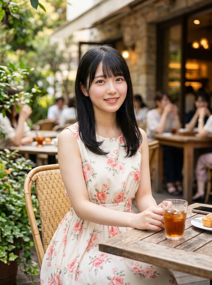 A young woman with black hair and bangs, wearing a floral dress, smiles while sitting at an outdoor cafe table with a drink.
