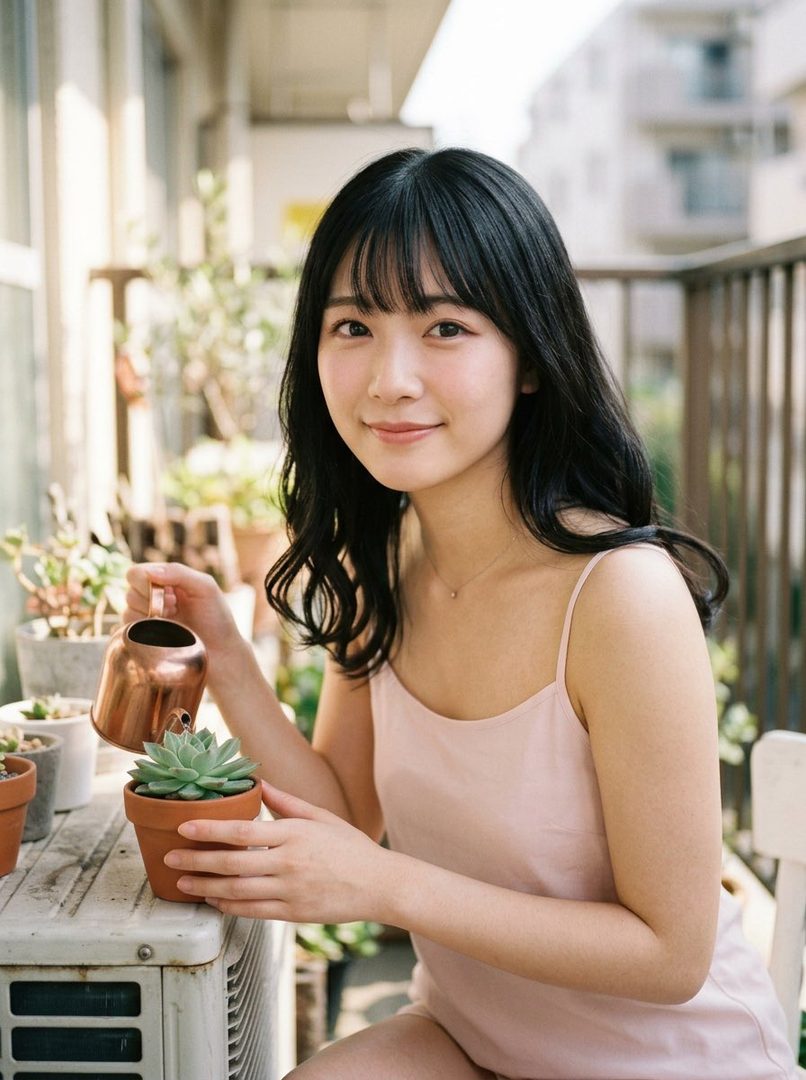 A young woman with black hair and bangs, wearing a light pink camisole, waters a succulent plant on a balcony.