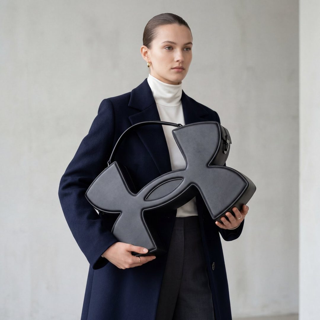 A woman in a dark coat and white turtleneck holds a large, black, stylized handbag indoors.