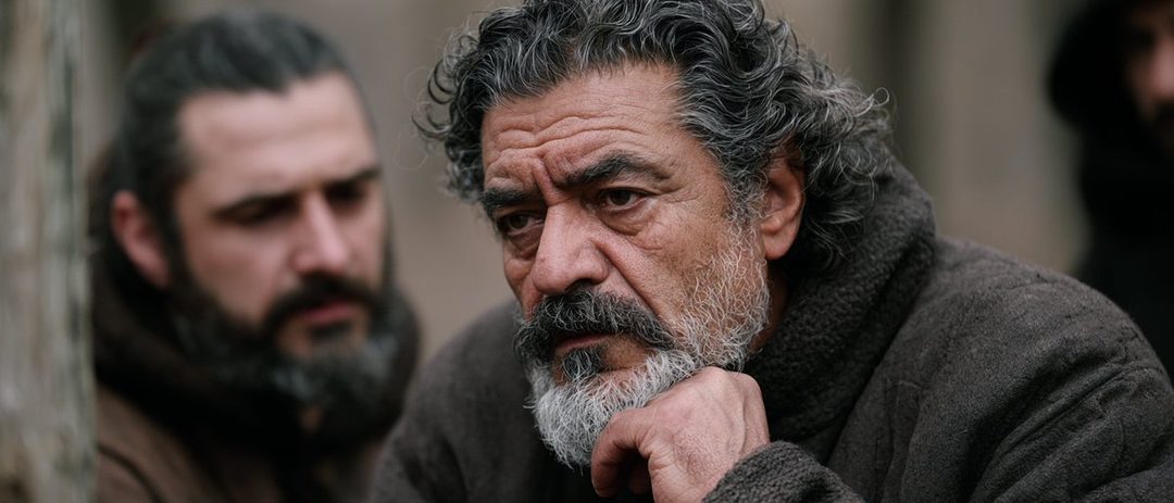 A close-up portrait of an older man with curly gray hair and a beard, wearing a dark coat, looking down thoughtfully, with two other men blurred in the background.