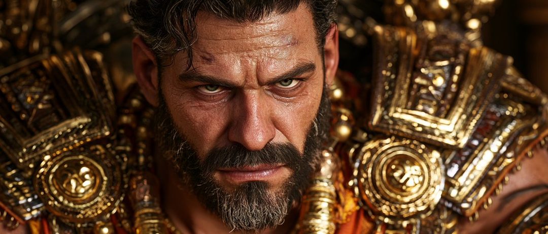 A close-up photorealistic portrait of a stern man with a black and silver beard, wearing ornate golden armor.