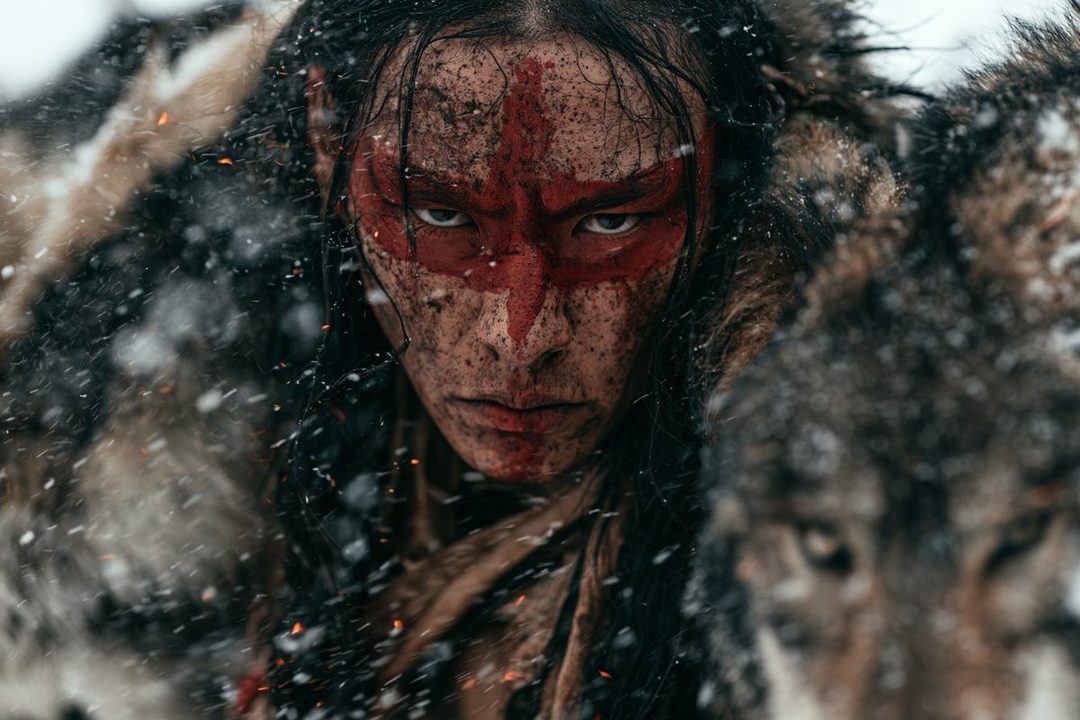 A photorealistic portrait of a person with long dark hair and red face paint, covered in dirt, with snow falling around them, and a wolf partially visible in the foreground.