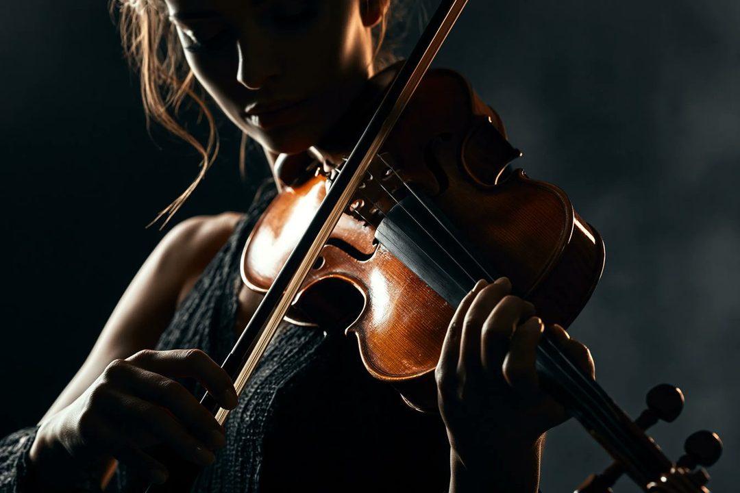 A woman with brown hair playing a violin in a dark, moody studio setting.
