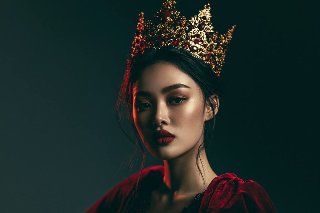 A photorealistic portrait of an East Asian woman wearing a golden crown and a red dress, against a dark background.