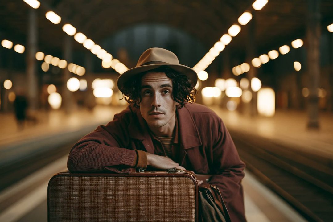 A man with curly brown hair and a hat leans on a suitcase at a train station at night, looking directly at the camera.