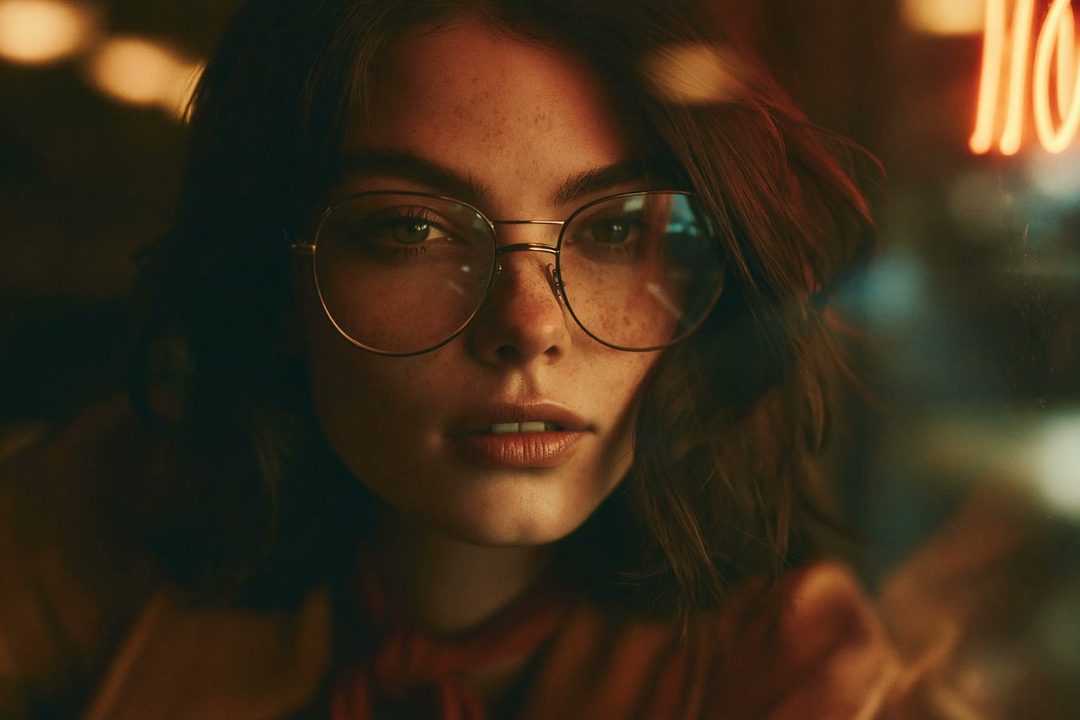A close-up photorealistic portrait of a woman with short brown hair and glasses, looking directly at the camera with a soft expression, illuminated by warm indoor lighting and a blurred neon sign in the background.