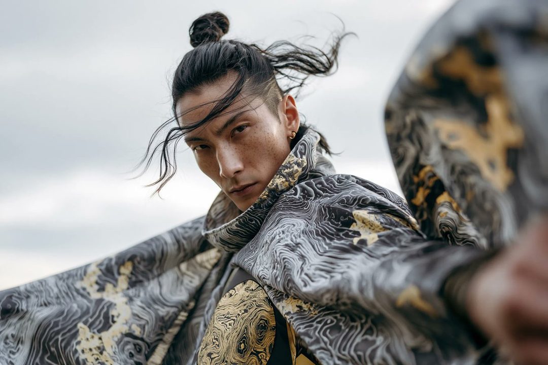 A striking portrait of a person with a top knot and wind-blown hair, wearing an avant-garde topographic map-patterned garment.