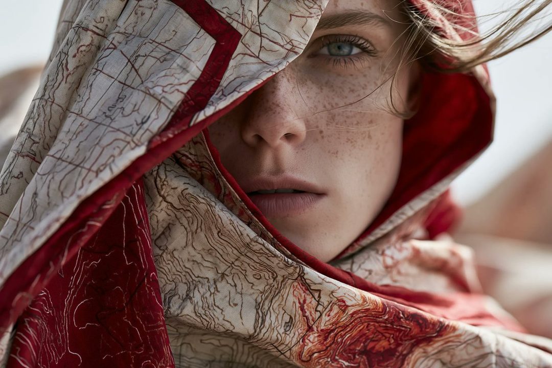 A close-up portrait of a woman with freckles, partially covered by a red and white fabric with topographic map patterns.