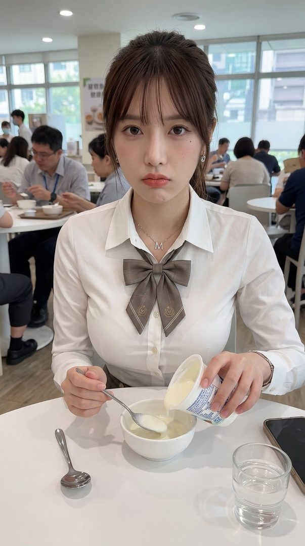 A young woman with brown hair and bangs, wearing a white blouse and a gray bow tie, is pouring yogurt into a bowl at an indoor cafe.