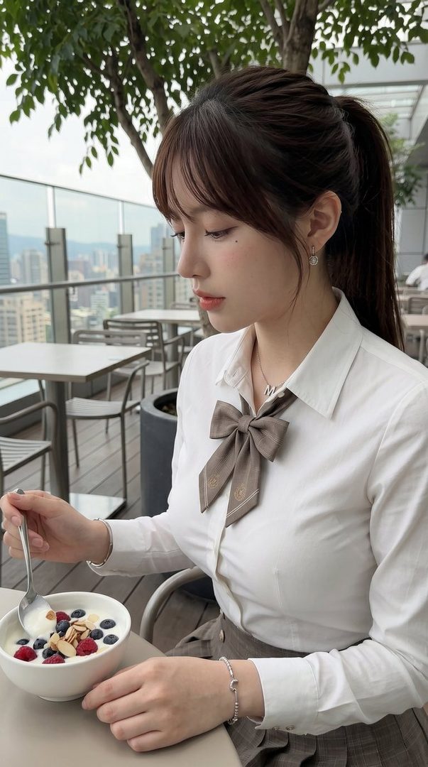 A young woman with brown hair in a ponytail and bangs, wearing a white blouse and a brown bow tie, eats a bowl of yogurt with berries and nuts on an outdoor rooftop patio.