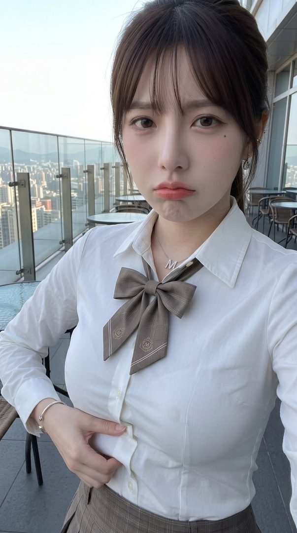 A young woman in a school uniform-style outfit with a white blouse and plaid skirt takes a selfie on a rooftop with a city view.