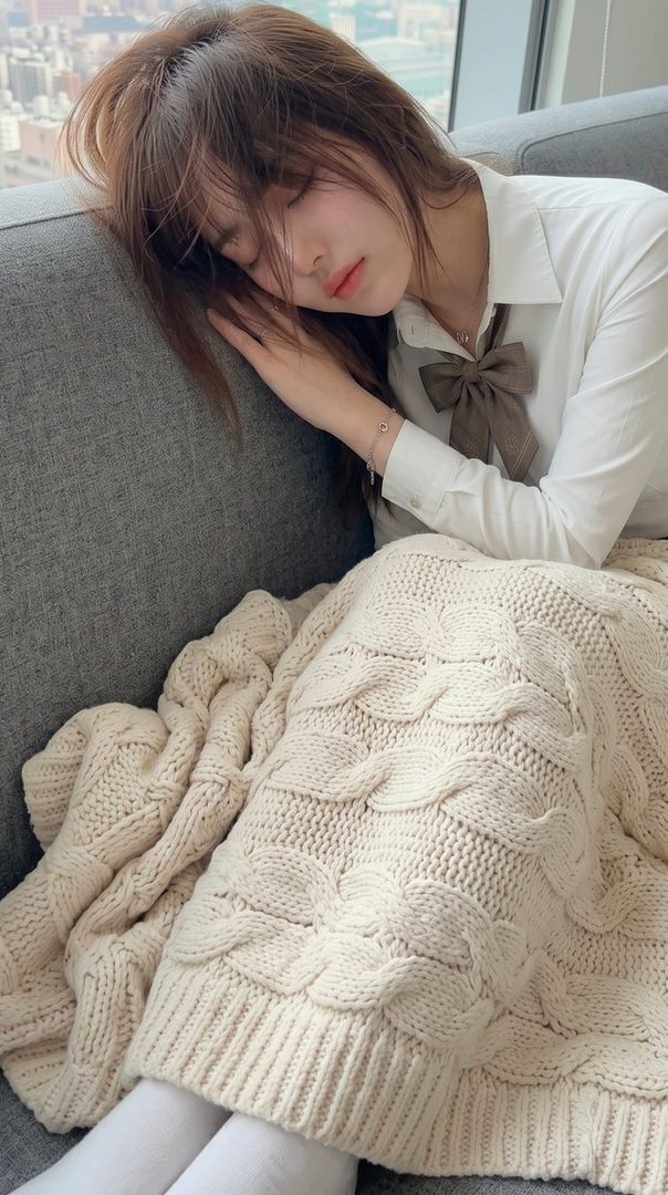 A young woman with brown hair is sleeping peacefully on a gray sofa, covered by a cream-colored knitted blanket, wearing a white shirt with a brown bow.