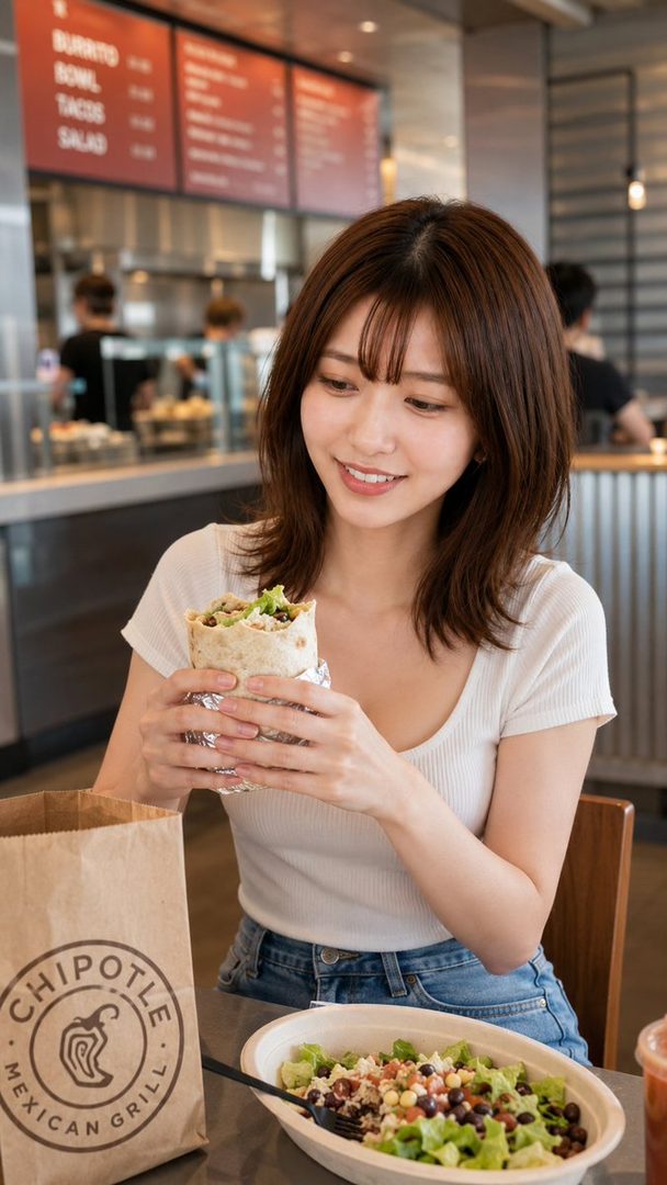 A young woman with brown hair and bangs smiles while holding a burrito in a restaurant, with a salad and a Chipotle bag on the table.