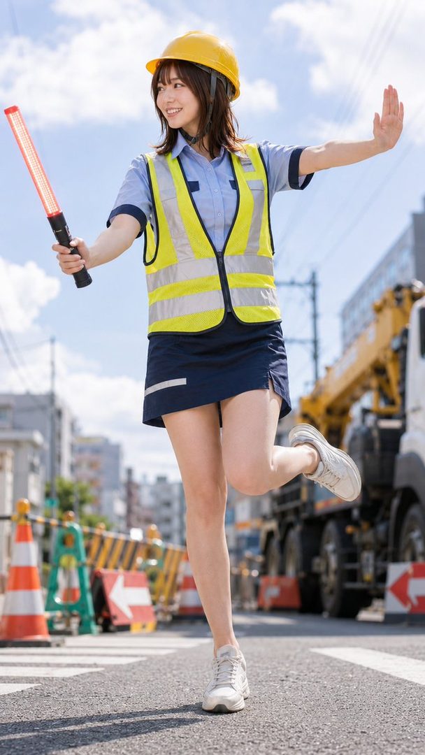 A young woman in a construction worker's vest and hard hat, holding a traffic wand, poses playfully on a street.