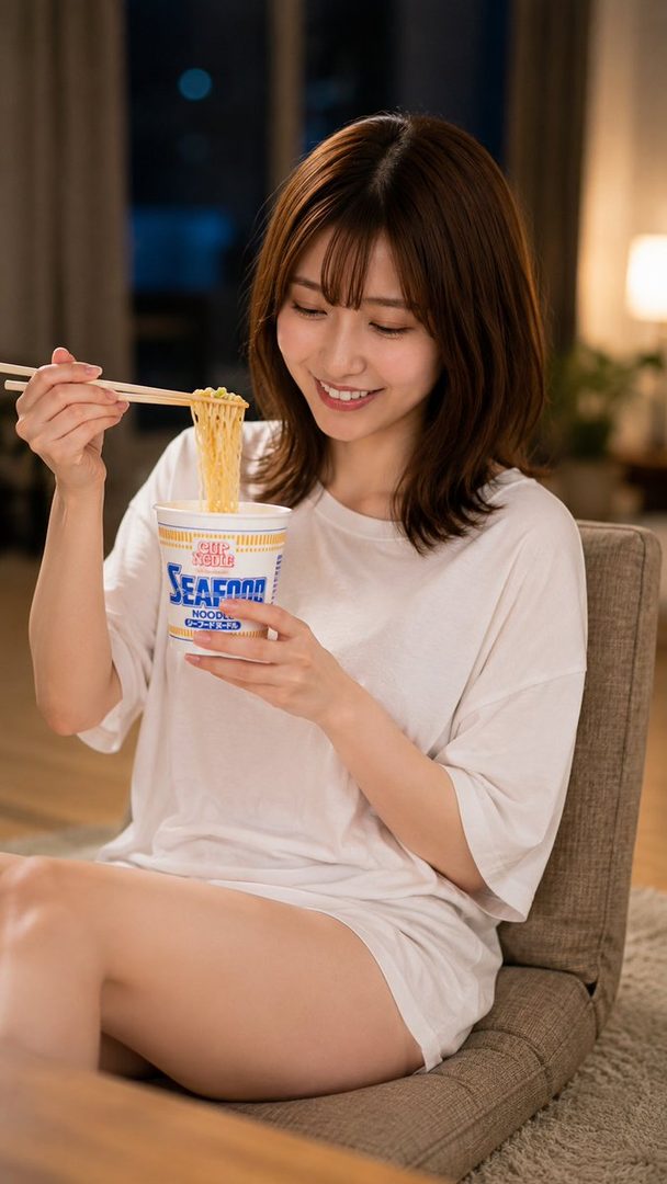 A young woman with brown hair and bangs smiles while eating cup noodles with chopsticks indoors.