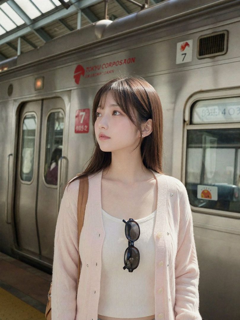 A young woman with long brown hair and bangs, wearing a pink cardigan and white top, stands on a train platform.