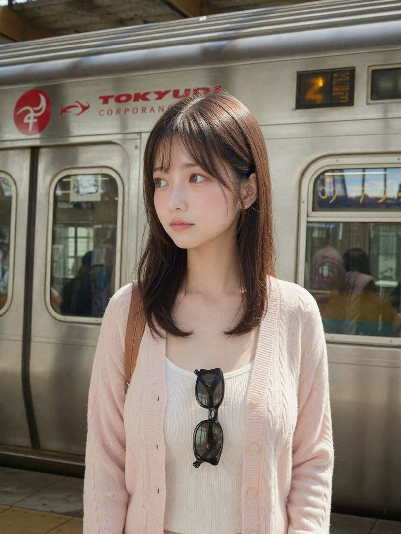 A young woman with brown hair and bangs, wearing a pink cardigan and white top, stands on a train platform with a Tokyu Corporation train in the background.