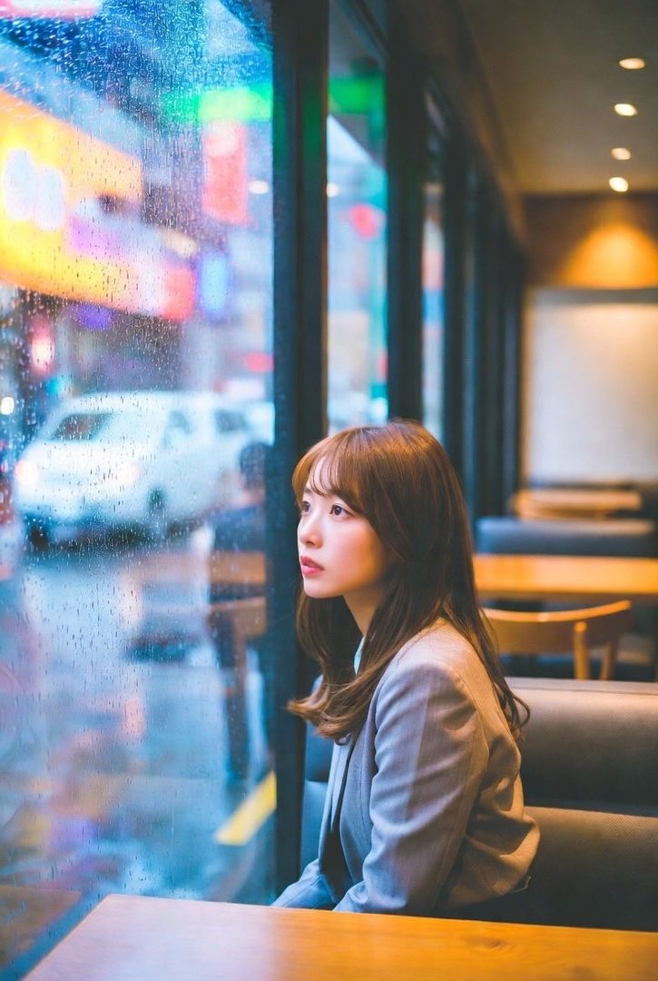 A young woman with brown hair and bangs, wearing a grey suit jacket, sits in a cafe looking out a rainy window at city lights.