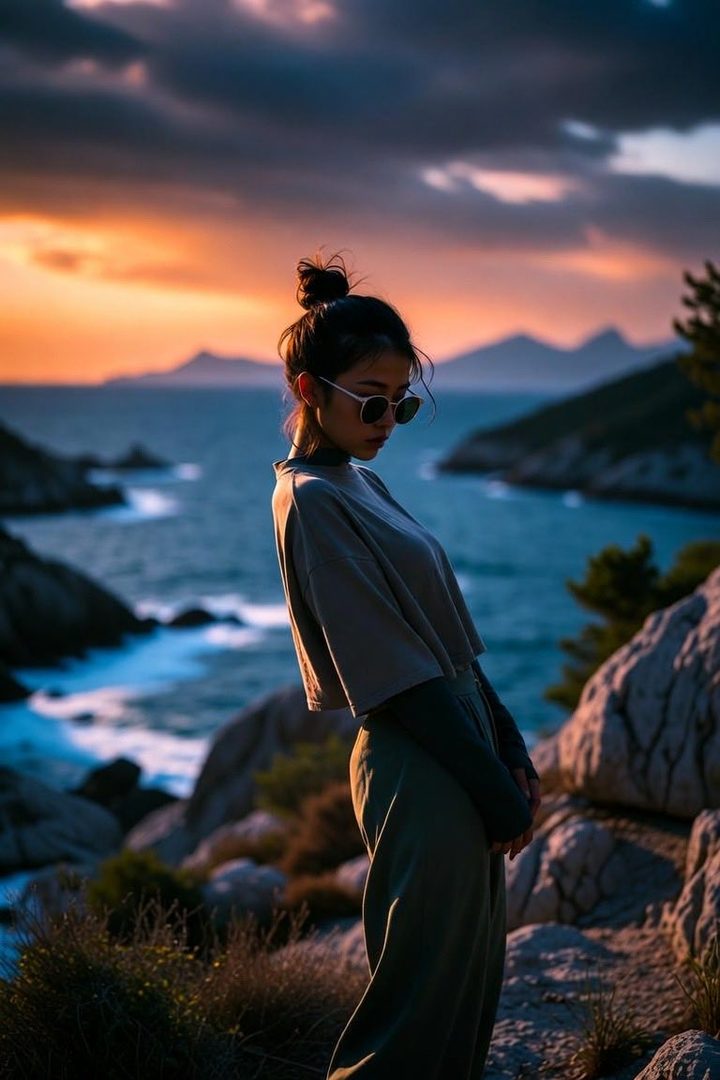 A young woman with her hair in a bun and wearing sunglasses stands on a rocky cliff overlooking the ocean at sunset.