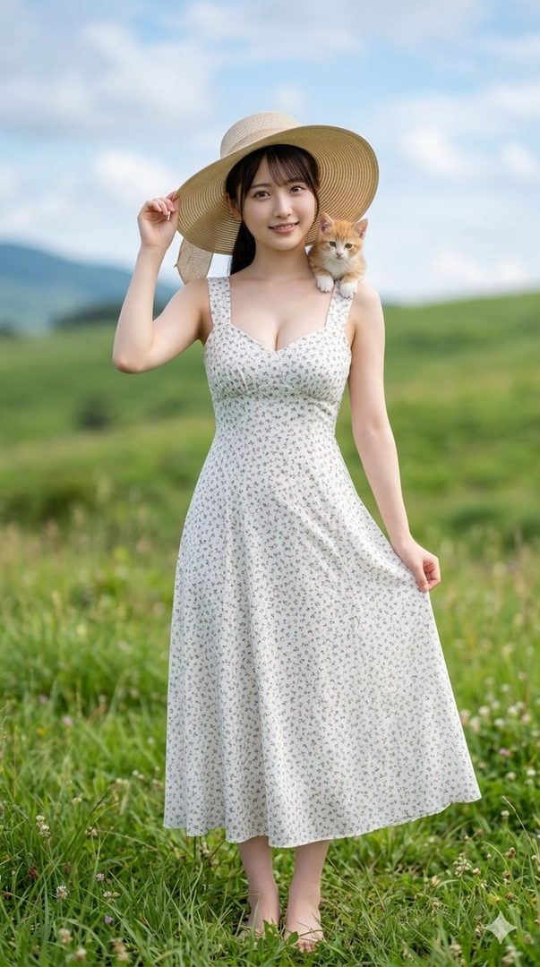 A young woman in a white floral sundress and a straw hat stands in a grassy field with a small kitten on her shoulder.