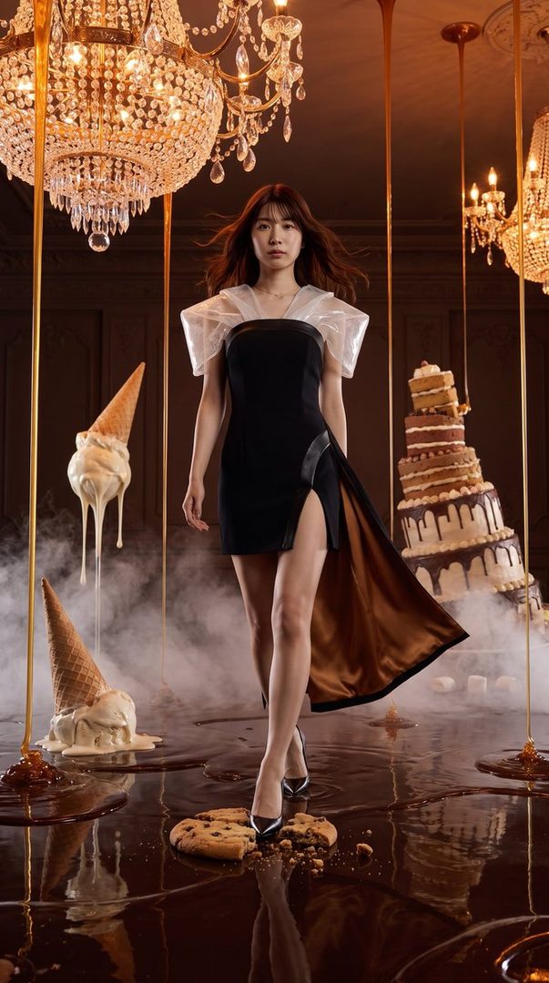 A woman in a black dress with a flowing train walks through a surreal indoor scene with giant melting ice cream cones, a collapsing cake, and chocolate puddles on the floor, under ornate chandeliers.