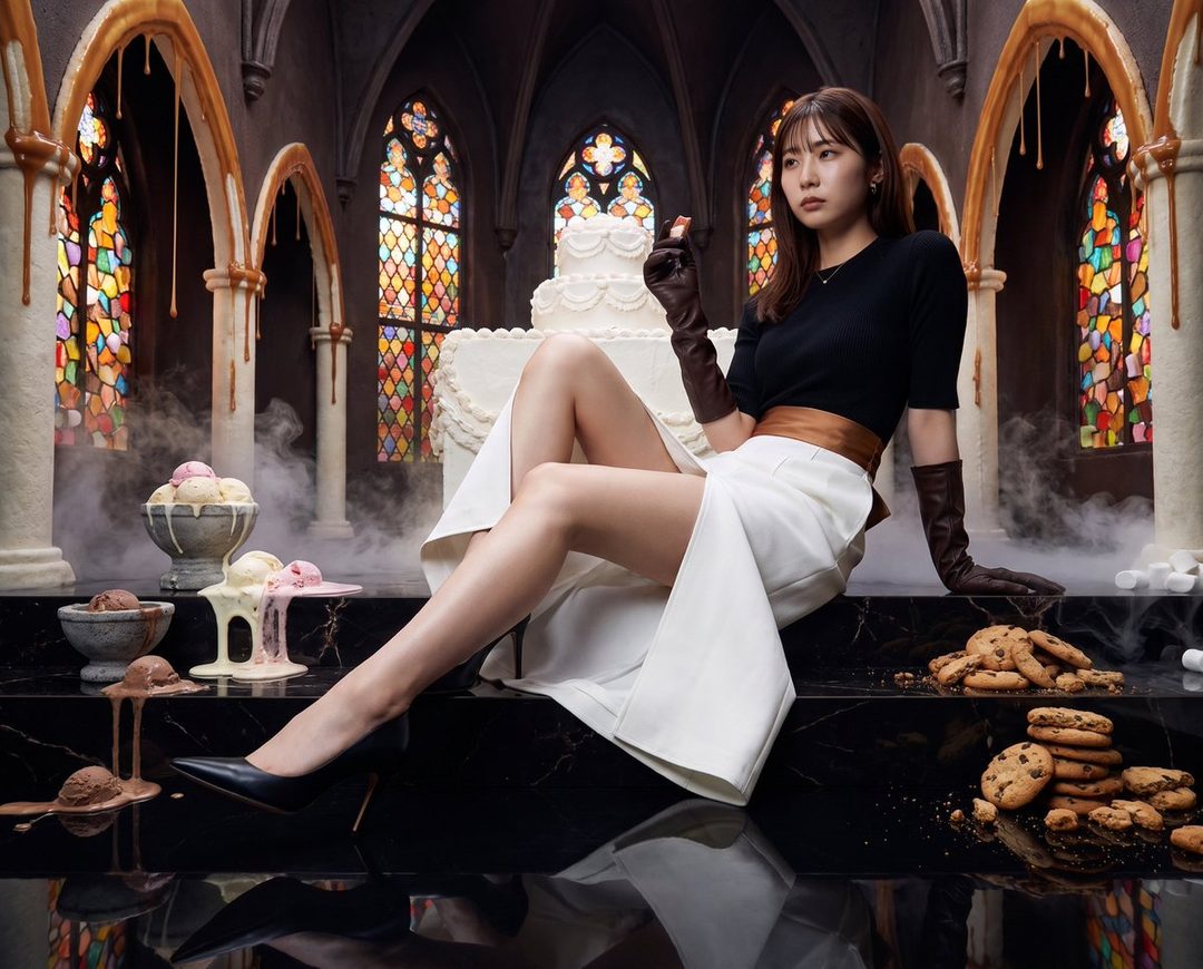 A woman in a black top and white skirt sits in a gothic-inspired room with stained glass windows, surrounded by desserts like ice cream, cookies, and a large cake.