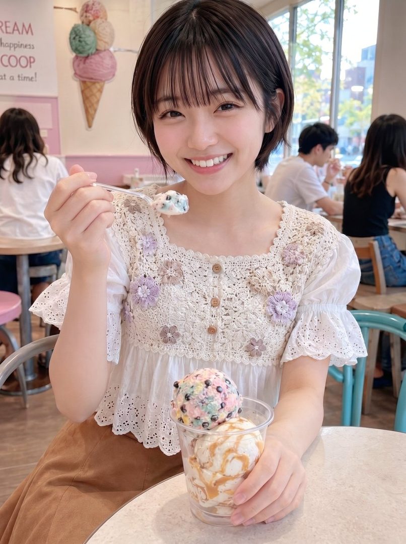 A smiling young woman with short black hair and bangs is eating ice cream in an indoor setting.