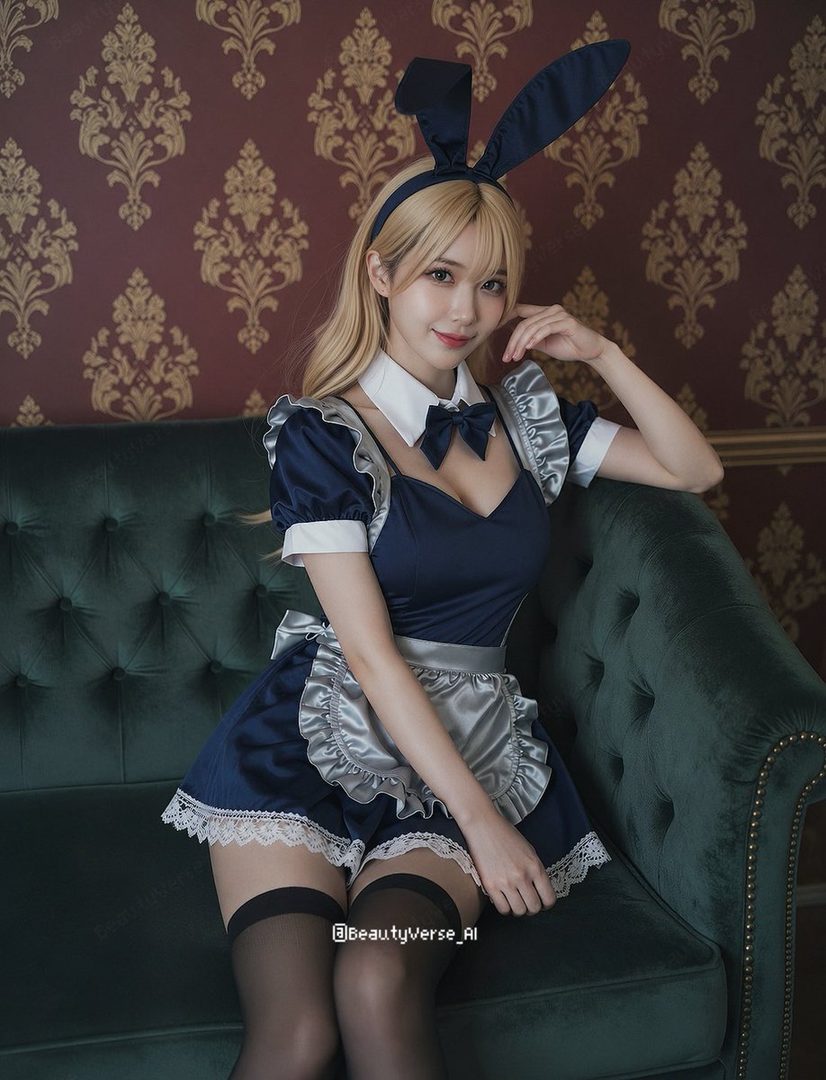 A blonde woman in a blue maid outfit with bunny ears sits on a green velvet couch.