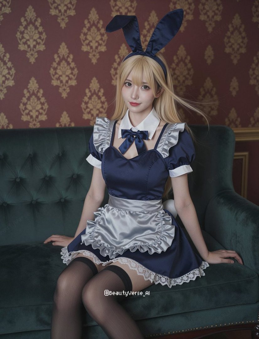 A blonde woman in a blue maid outfit with bunny ears sits on a green sofa in an indoor setting.