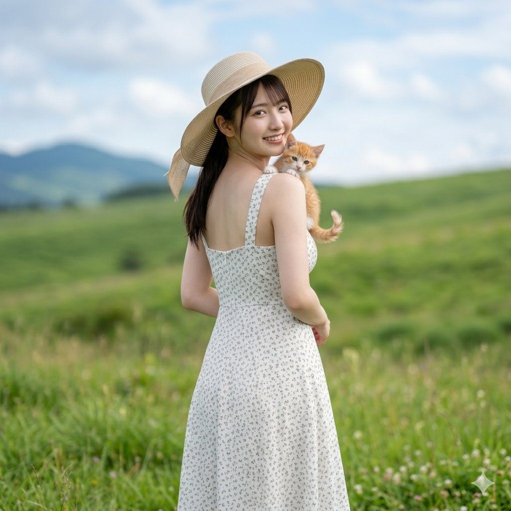 A smiling woman in a floral sundress and straw hat looks over her shoulder with a small orange kitten on her shoulder in a sunny green field.
