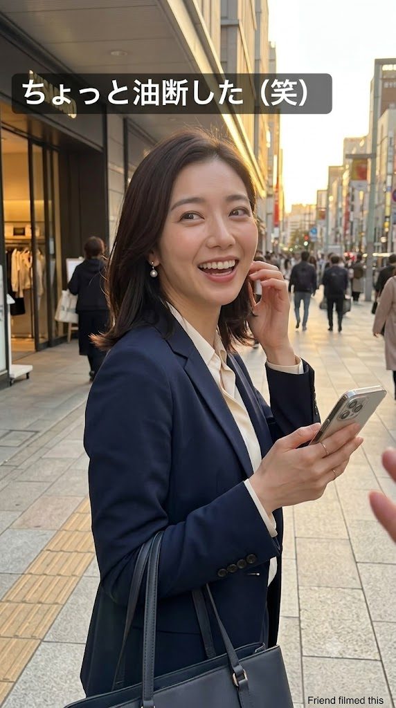 A candid shot of a smiling Japanese woman in a suit jacket holding a phone on a city street during golden hour.