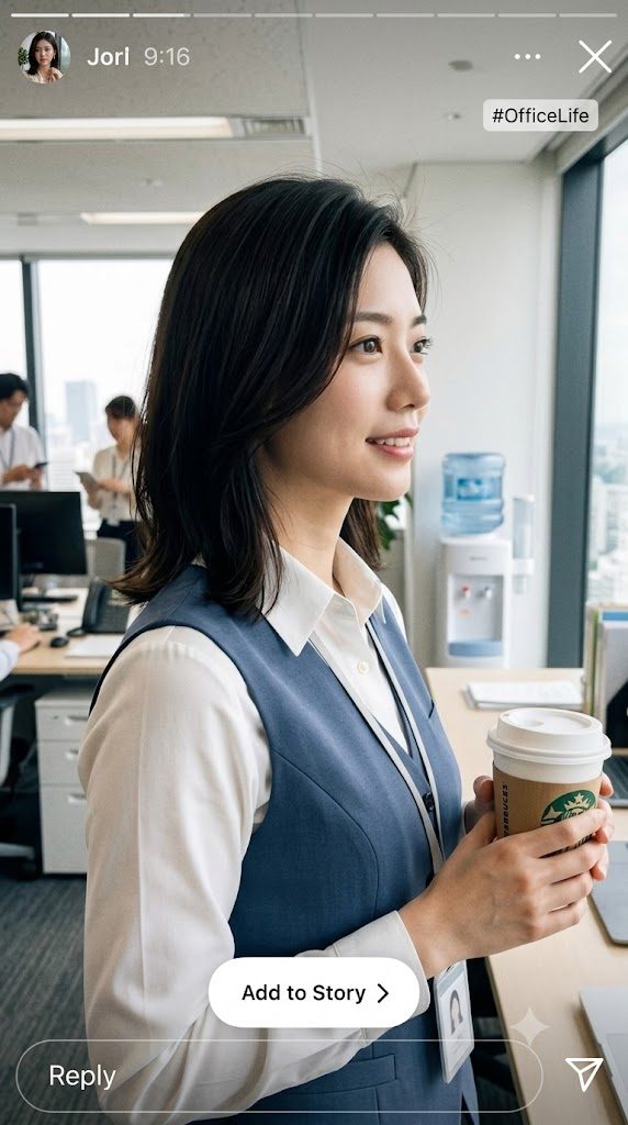 A young woman in an office setting, wearing a white shirt and blue vest, holding a Starbucks cup and looking out the window.