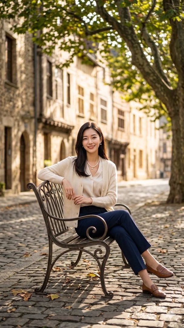 A smiling woman with long black hair sits on a metal bench on a cobblestone street, wearing a cream cardigan and dark pants, with old buildings and trees in the background.